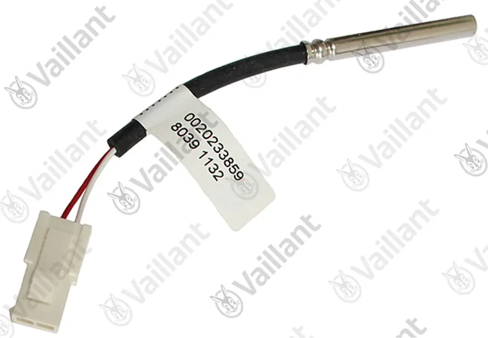 Vaillant Sensor mit einem Stecker und einem Verbindungskabel, an einem Ende mit einem Metallfühler ausgestattet.